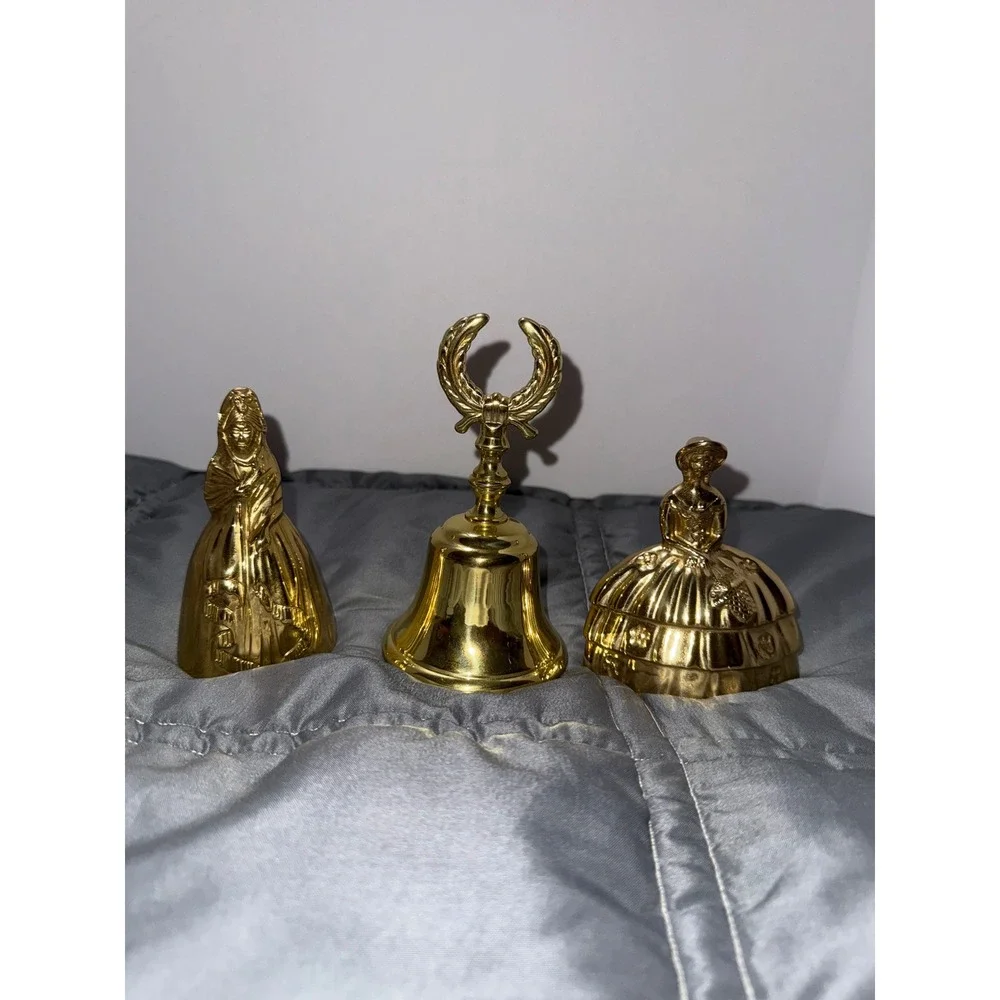Vintage Polished Brass Hand Bells Set of 3 Victorian Lady & Laurel Wreath Gold